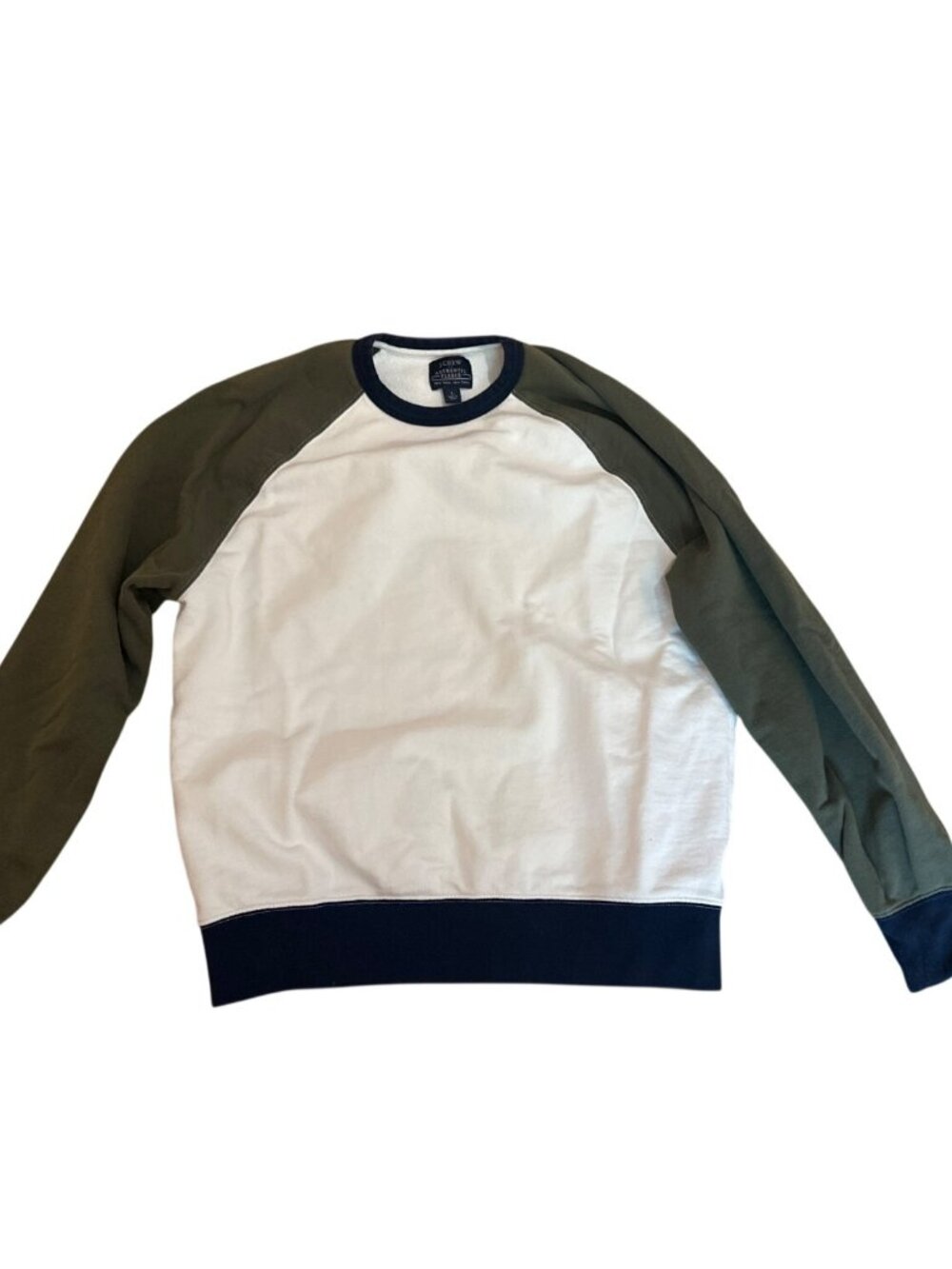 J.Crew Mens L Authentic Fleece Raglan Sweatshirt White Olive Green Long Sleeve